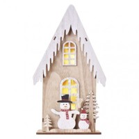 LED dekor. drevená – dom so snehuliakmi, 28,5 cm, 2x AA, vnútorná, teplá biela, časovač