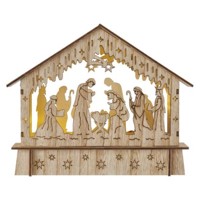 LED vianočný betlehem drevený, 15 cm, 2x AA, vnútorný, teplá biela, časovač...